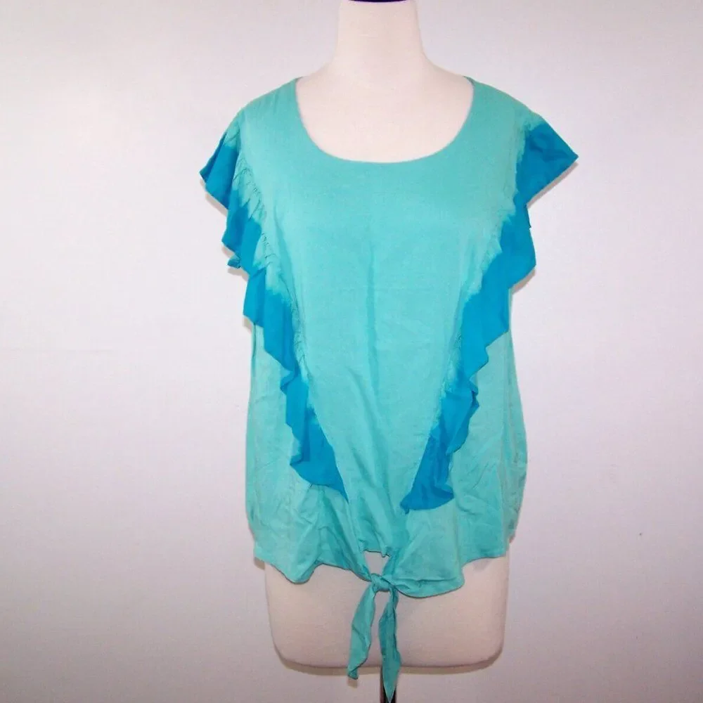 A.N.A Shirt Top XL Boho Tie Dye Ruffle Tie Front Keyhole Hippie Blouse New - Picture 2 of 10